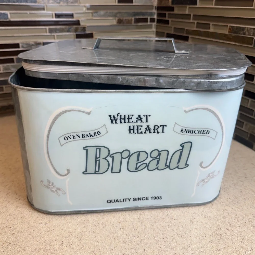 Vintage Galvanized Metal Bread Box Wheat Heart Bread Farmhouse Rustic Decor